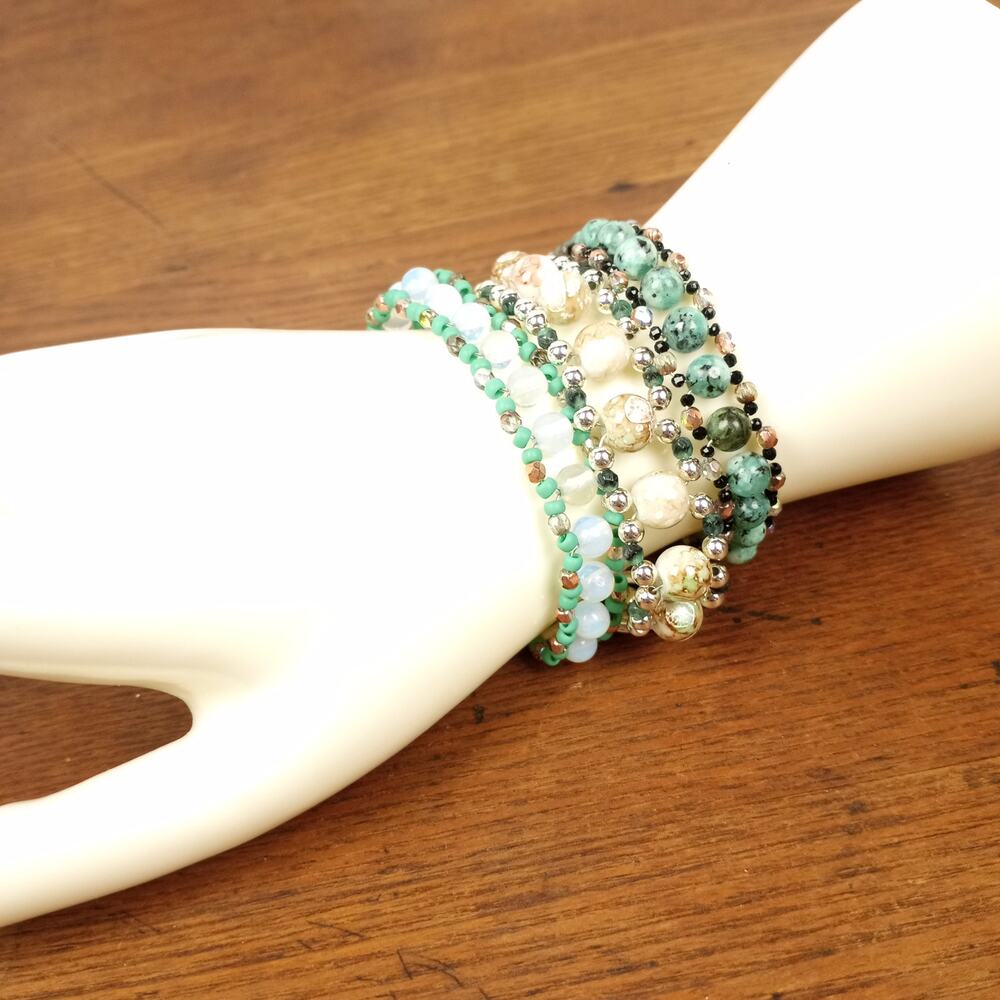 HANDMADE 3 Bracelet Stack  African Turquoise, Opalite and Neutrals 7¼" Boho Gift